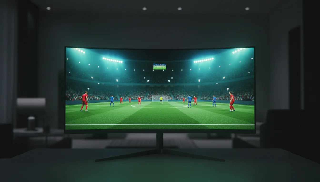 Pantalla grande de estadio mostrando una simulación de fútbol virtual con gráficos 3D iluminada por focos nocturnos