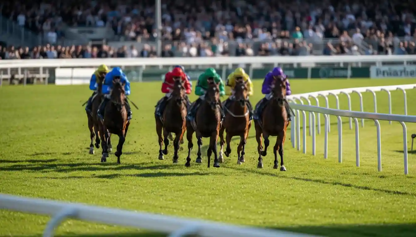Simulación de carrera de caballos virtual en un hipódromo con pista de césped verde y tribunas iluminadas