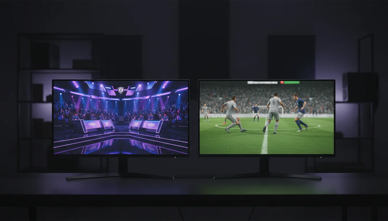 Dos pantallas lado a lado comparando una competición de eSports con jugadores reales y una simulación de deportes virtuales generada por software