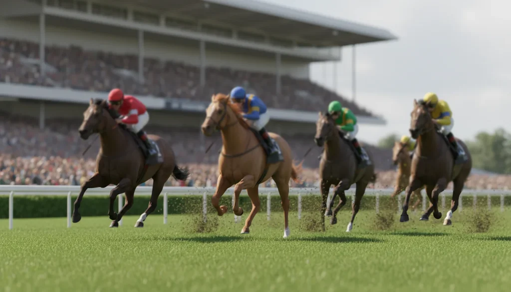 Escena de una carrera de caballos virtual con jinetes compitiendo en una pista de césped