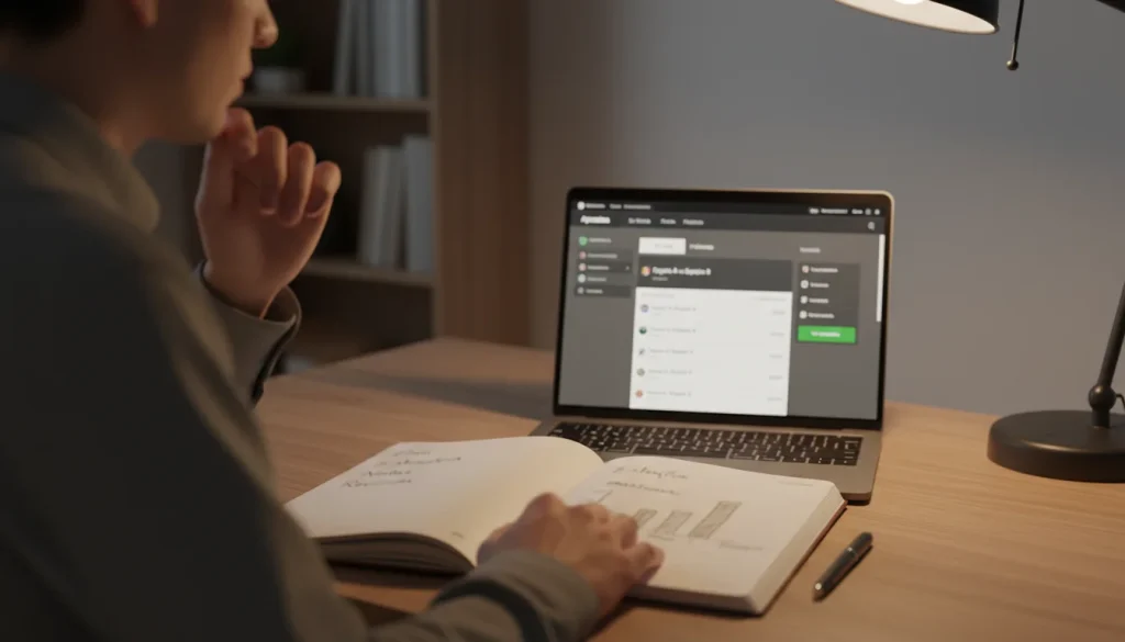 Persona analizando estadísticas de apuestas deportivas en un escritorio con un cuaderno de notas