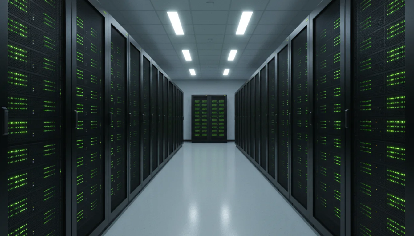Sala de servidores con luces LED verdes donde se ejecuta el generador de números aleatorios RNG para deportes virtuales