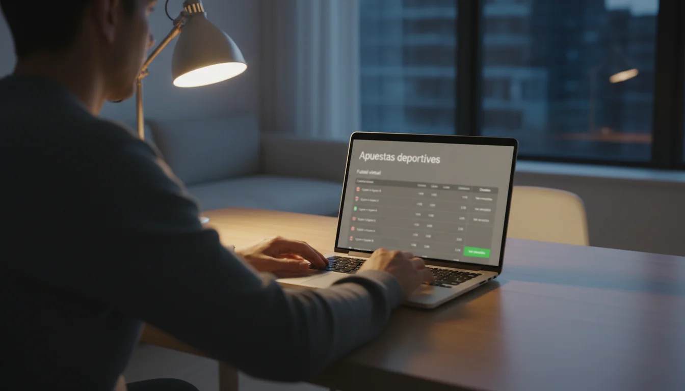 Persona usando un ordenador portátil con la interfaz de apuestas virtuales mostrando mercados y cuotas de fútbol virtual