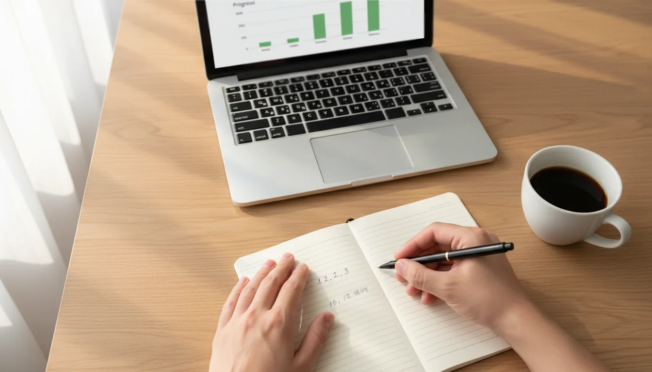 Persona anotando cifras en una libreta junto a un ordenador mientras gestiona su bankroll de apuestas virtuales