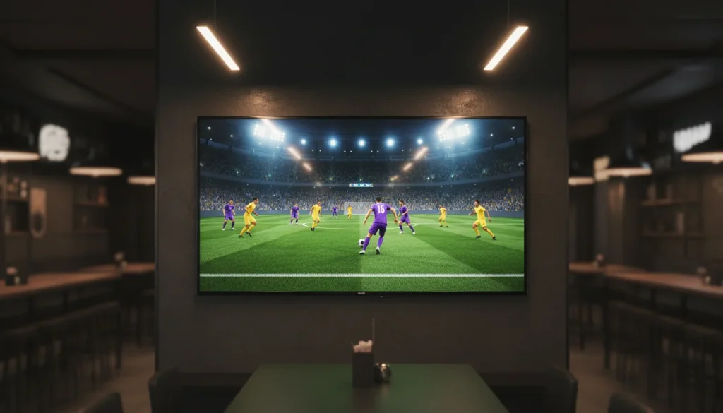 Pantalla mostrando un partido de fútbol virtual en un estadio con iluminación realista